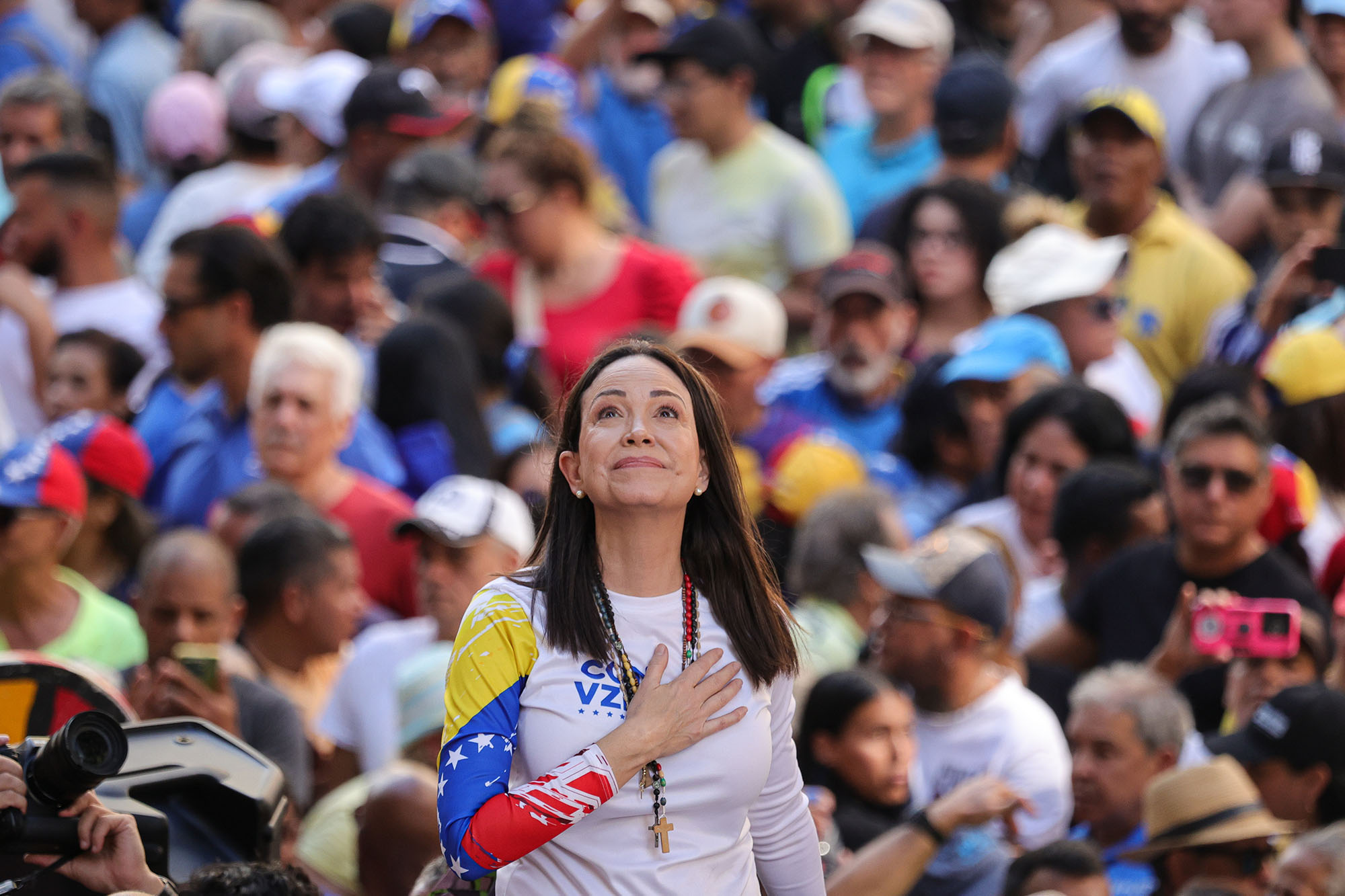 Opposition leader Maria Corina Machado gestures during an anti-government protest