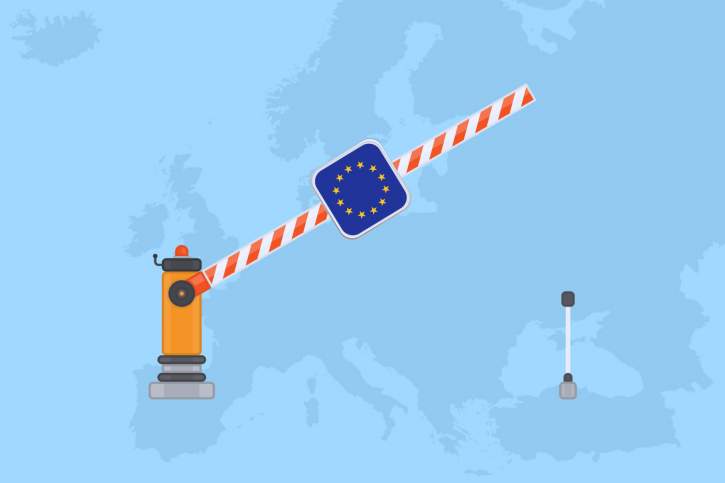 Cartoon showing a border crossing with EU flag
