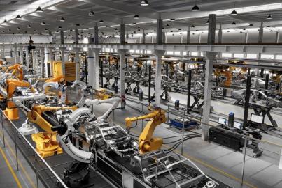 Cars on production line in factory