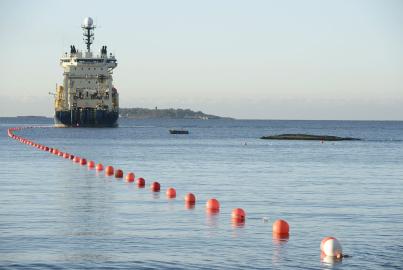 the C-Lion1 submarine telecommunications cable being laid to the bottom of the Baltic Sea by cable laying ship "Ile de Brehat" off the shore of Helsinki, Finland.